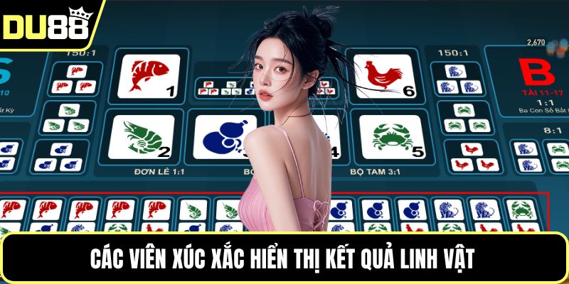 Các viên xúc xắc hiển thị kết quả linh vật 